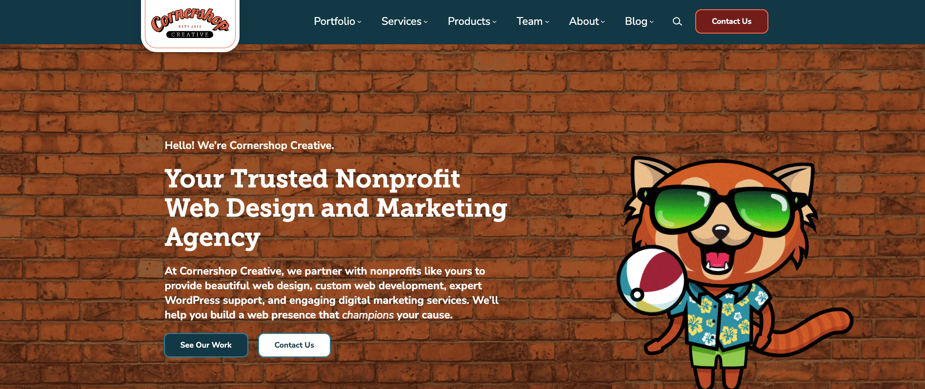 Screenshot of Cornershop Creative's homepage with mascot, Rowdy the Red Panda, dressed in summer attire with a beach ball.