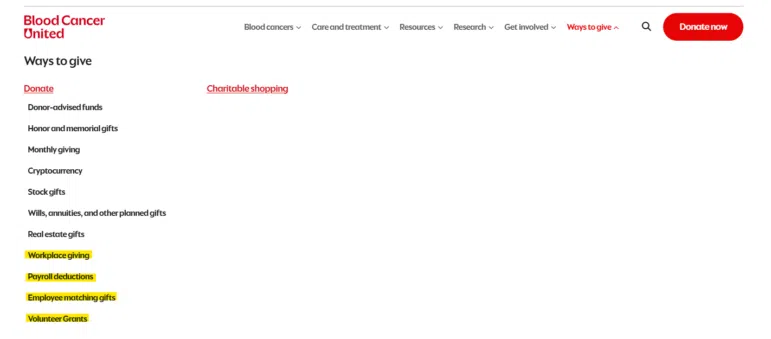 A webpage from Blood Cancer United shows donation options, including donate, charitable shopping, and others. Workplace giving, Payroll deductions, Employee matching gifts, and Volunteer Grants are highlighted in yellow.