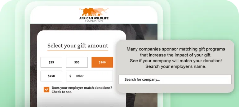 A donation form for the African Wildlife Foundation with gift amount options, a matching donation question, and a box to search for an employers donation match program.