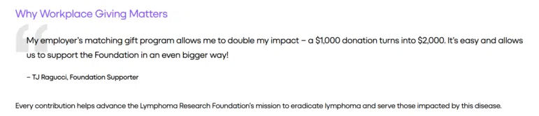 A quote about a matching gift programs impact, mentioning how a $1,000 donation becomes $2,000, accompanied by the supporters name and a note about helping the Lymphoma Research Foundation.