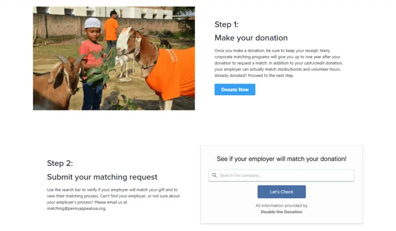 A young boy feeds branches to goats wearing orange shirts. Next to him is a woman in a headscarf. The image is part of a donation page with steps for making and matching a donation, and a company search form.