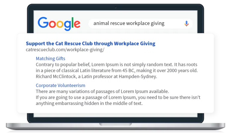 A Google search for animal rescue workplace giving is displayed on a laptop. The top result is for the Cat Rescue Club, highlighting matching gifts and corporate volunteerism options.