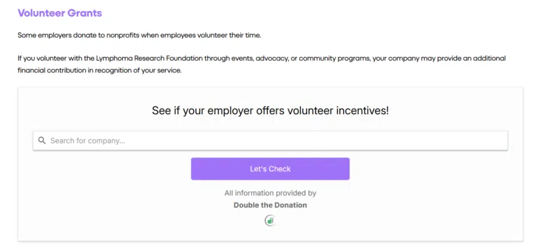 A webpage titled Volunteer Grants explains employee volunteer incentives. There is a search bar to find companies, a purple Lets Check button, and a note stating information is provided by Double the Donation.